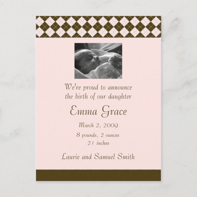 Brown and Pink Argyle Announcement (Customizable) (Front)