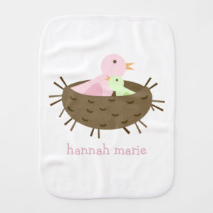 Brown and Pink Birds in a Nest Personalized Burp Cloth