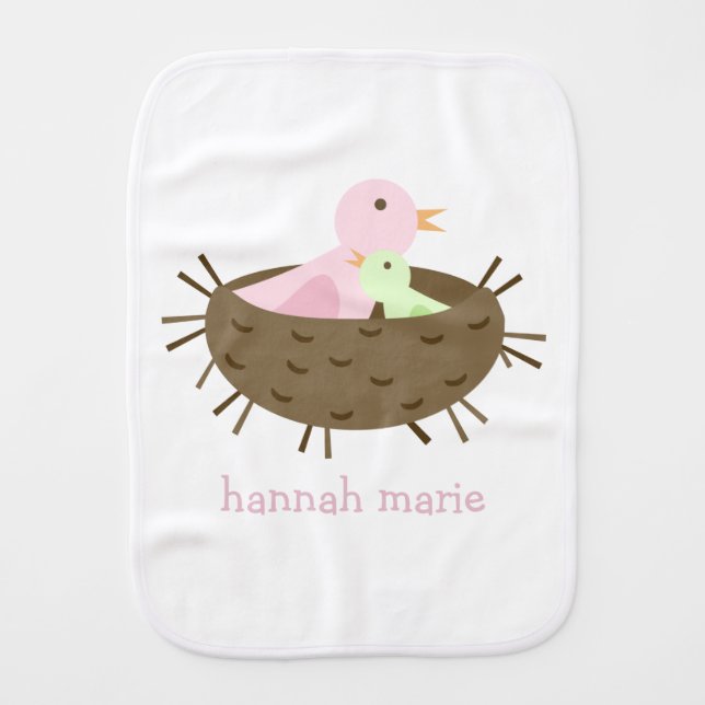 Brown and Pink Birds in a Nest Personalized Burp Cloth (Front)