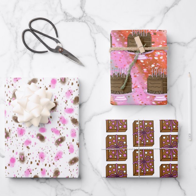 Brown and Pink Chocolate Cake Birthday   Wrapping Paper Sheets (Front)
