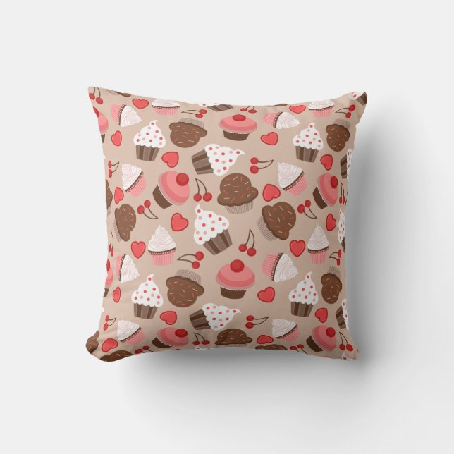 Brown And Pink Cupcakes, Hearts And Cherries Throw Pillow (Front)