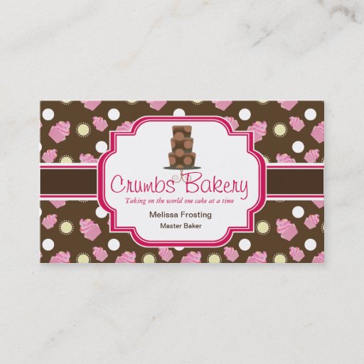 Customizable Brown and Pink Cute Cake Bakery Business Cards