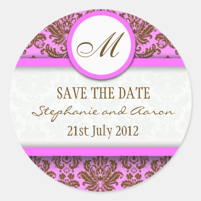 Brown and Pink Damask Monogram Wedding Sticker (Front)