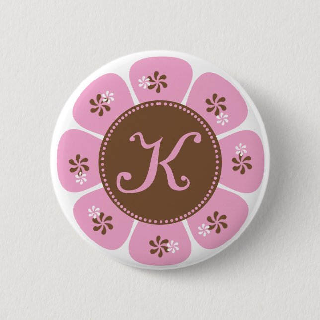 Brown and Pink Monogram K Pinback Button (Front)
