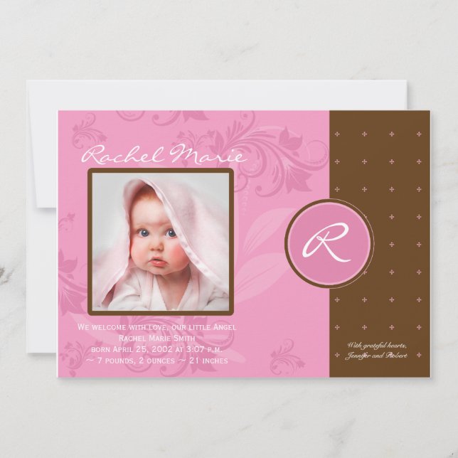 Brown and Pink Monogram Photo Baby Announcement (Front)