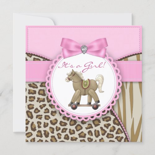 Brown and Pink Rocking Horse Baby Girl Shower Personalized Invite