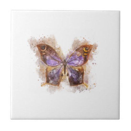Brown and Purple Watercolor Butterfly  Ceramic Tile