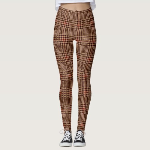 Brown And Red Houndstooth Glen Check Pattern Leggings