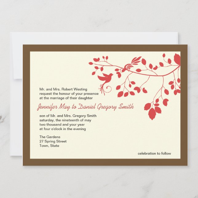 Brown And Red Wedding Invitations Love Birds (Front)