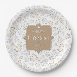 Brown and Silver Elegant Christmas Trees Pattern Paper Plates