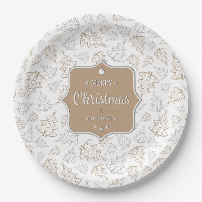 Brown and Silver Elegant Christmas Trees Pattern Paper Plates (Front)