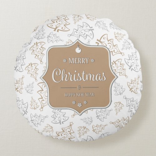 Brown and Silver Elegant Christmas Trees Pattern Round Pillow