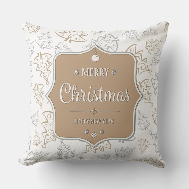Brown and Silver Elegant Christmas Trees Pattern Throw Pillow (Front)