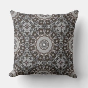 Brown and Silver Kaleidoscope Mandala Pattern Throw Pillow