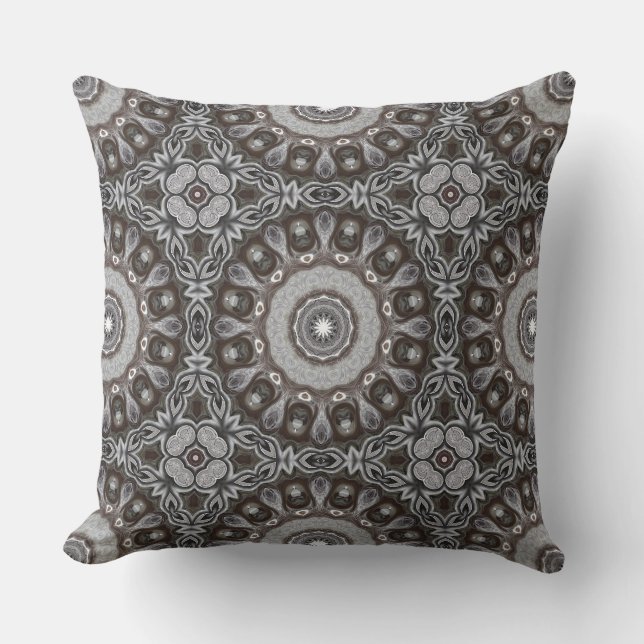 Brown and Silver Kaleidoscope Mandala Pattern Throw Pillow (Front)