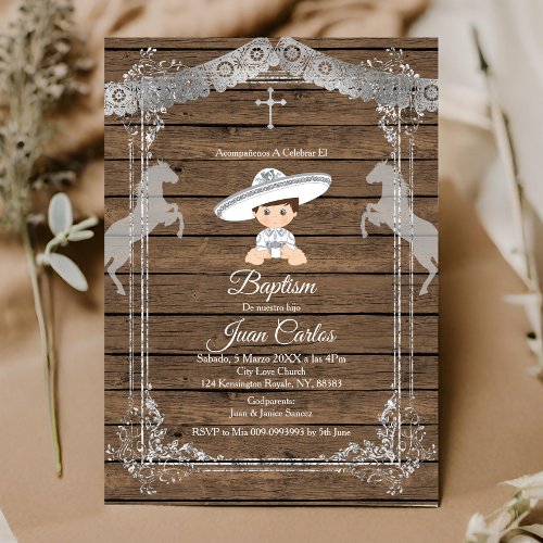 Brown and Silver Mexican Baptism Charro Invitation