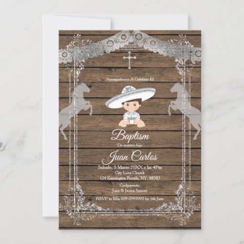 Brown and Silver Mexican Baptism Charro Invitation