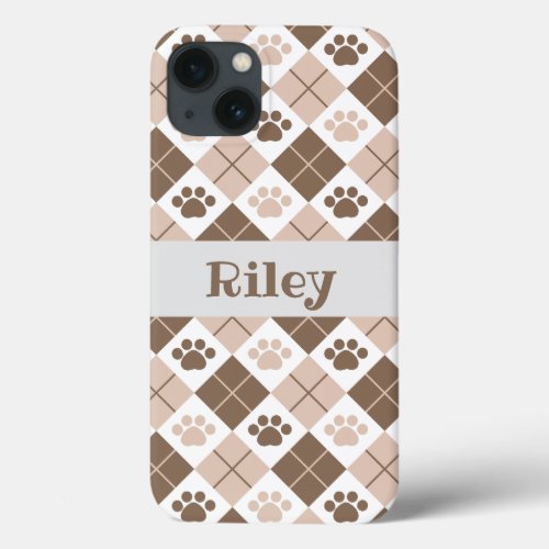 Brown and Tan Argyle Paw Print Pattern iPhone 13 Case
