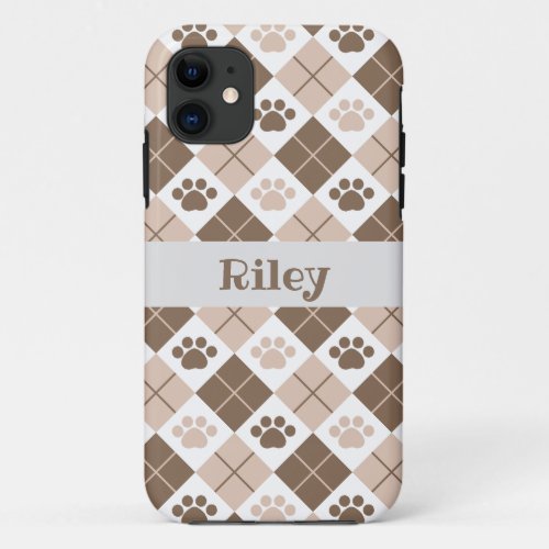 Brown and Tan Argyle Paw Print Pattern iPhone 11 Case