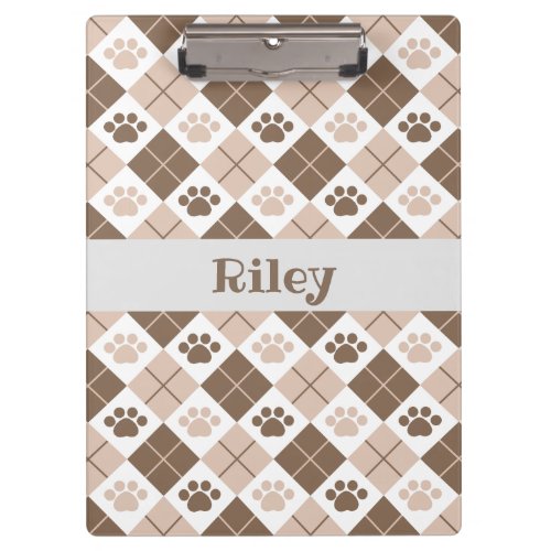 Brown and Tan Argyle Paw Print Pattern Clipboard