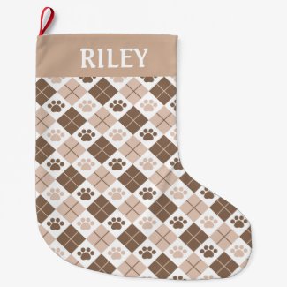 Brown and Tan Argyle Paw Print Pattern Large Christmas Stocking