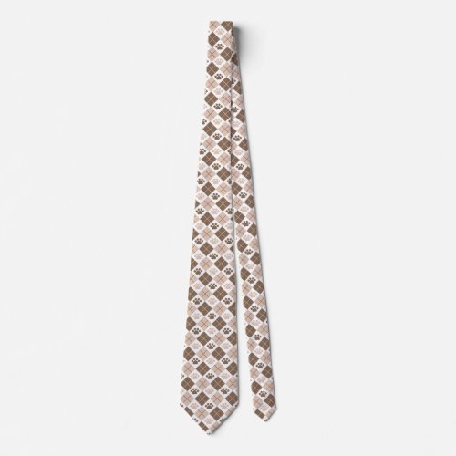 Brown and Tan Argyle Paw Print Pattern Neck Tie