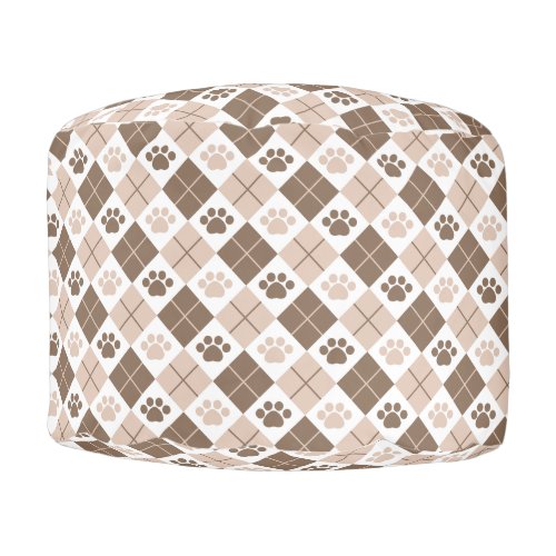 Brown and Tan Argyle Paw Print Pattern Pouf