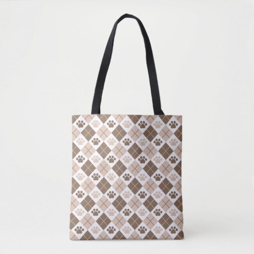 Brown and Tan Argyle Paw Print Pattern Tote Bag