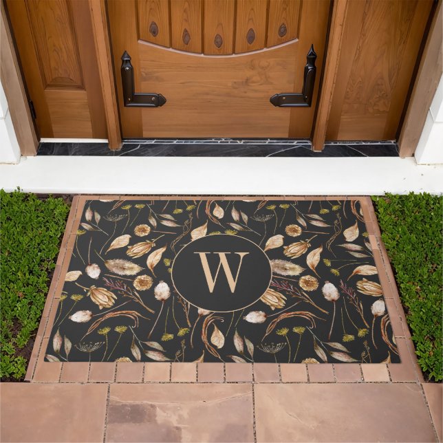 Brown and Tan Bohemian Foliage Monogram Doormat (Outdoor)