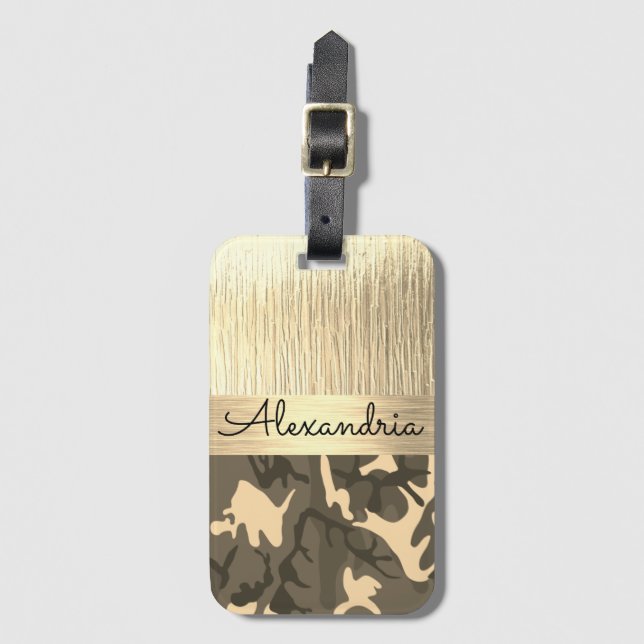 Brown and Tan Camo Shimmery Gold Luggage Tag (Front Vertical)