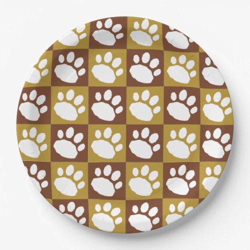 Brown and Tan Checkerboard Paw Print Paper Plates
