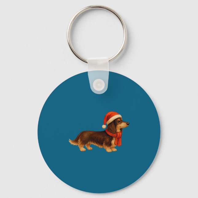 Brown And Tan Christmas Dachshund Santa Hat  Keychain (Front)