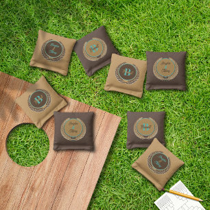 Brown and Tan Monogram Couples Cornhole Bags