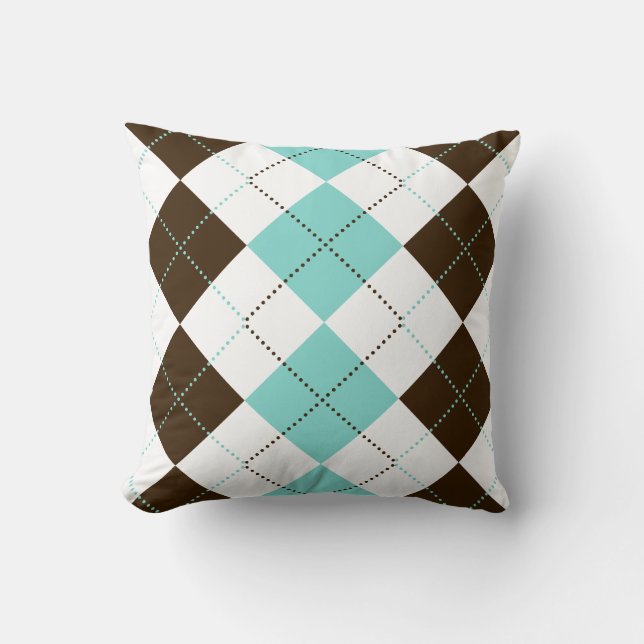 Brown and Teal Blue Checker Patterns Throw Pillow (Front)
