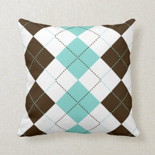 Brown and Teal Blue Checker Patterns Throw Pillow