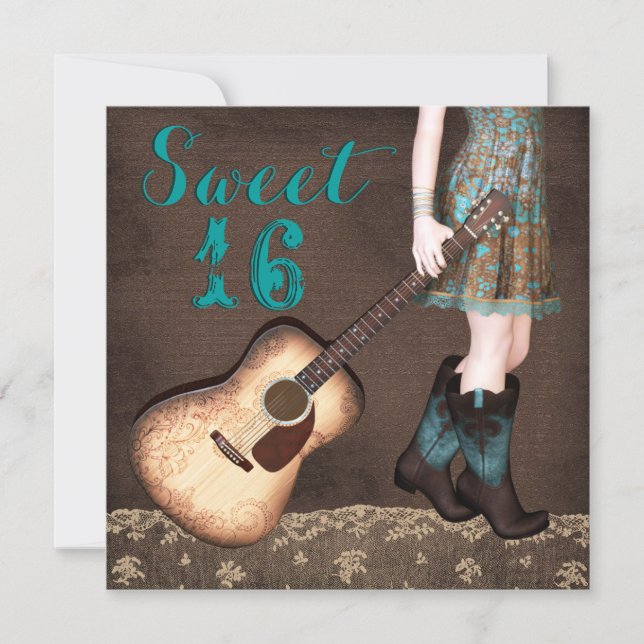 Brown and Teal Blue Cowgirl Sweet Sixteen Party Invitation (Front)