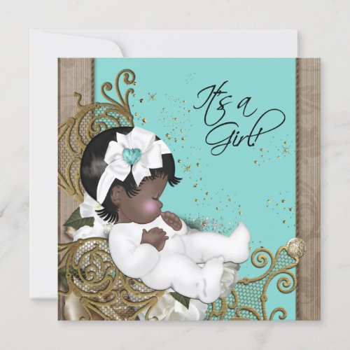 Brown and Teal Blue Baby Girl Shower Custom Announcements
