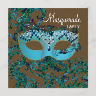 Brown and Teal Blue Masquerade Party Invitation