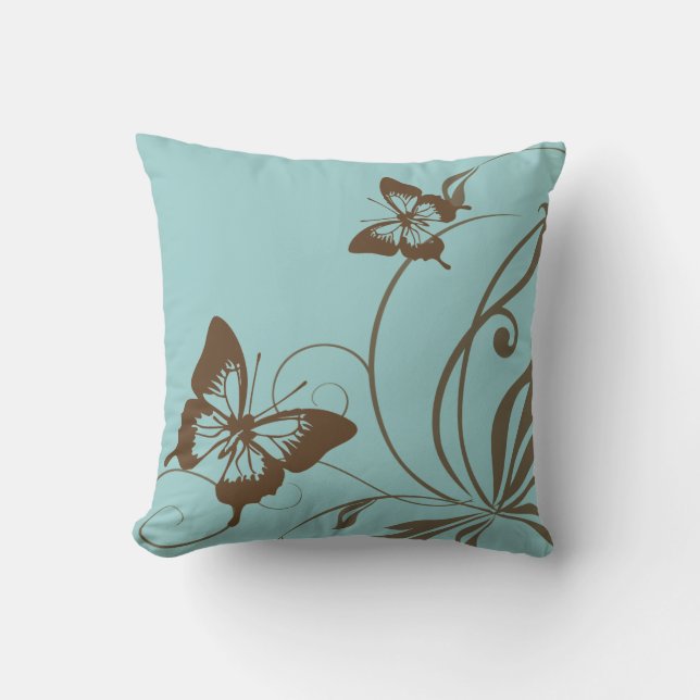Brown and Teal Butterfly Throw Pillow (Front)