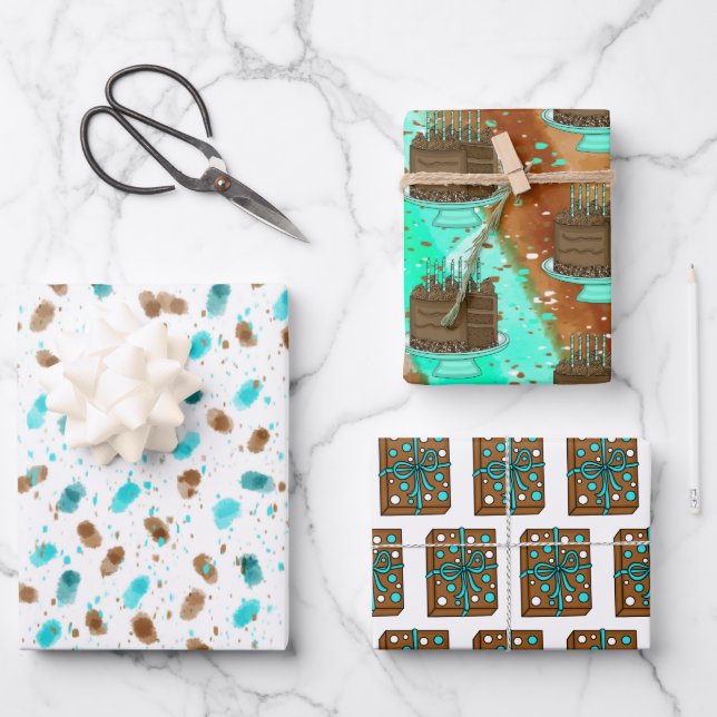 brown and Teal Chocolate Cake Birthday Wrapping Paper Sheets (Front)