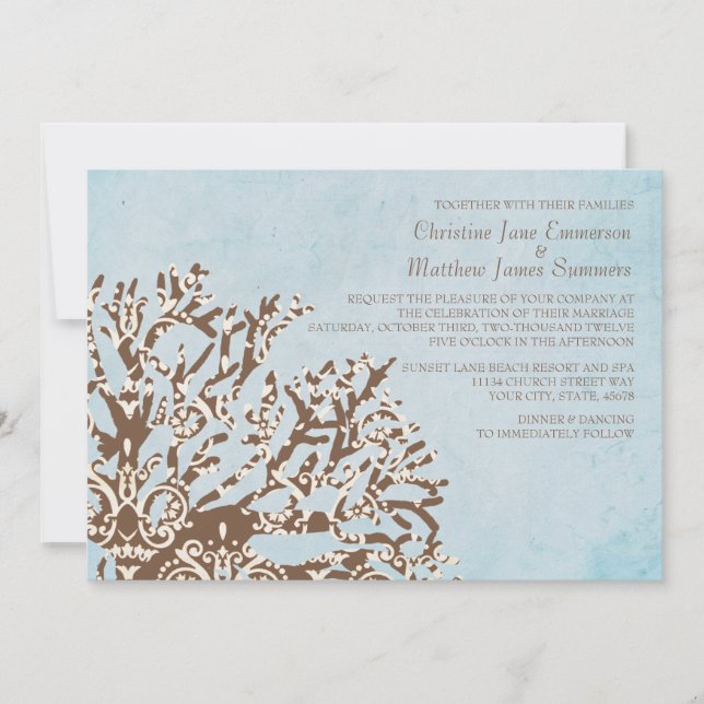 Brown and Teal Coral Beach Wedding Invitations (Front)