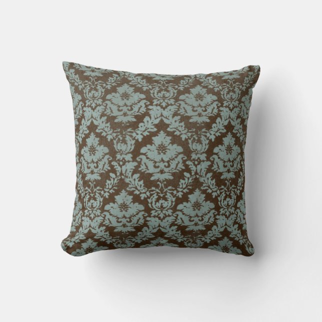 Brown and Teal Distressed 'Damask' Throw Pillow (Front)