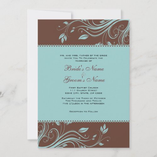 Brown and Teal Floral Swirls Wedding Invitation