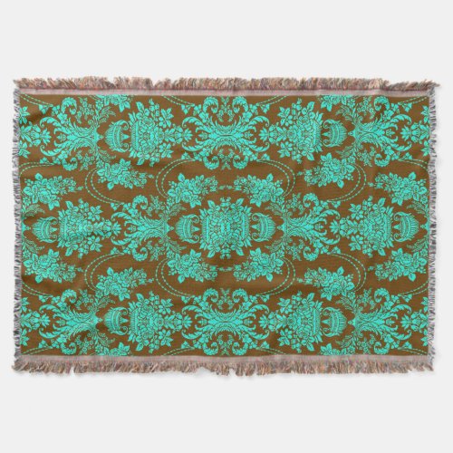 Brown And Teal Green Floral Damasks Throw Blanket