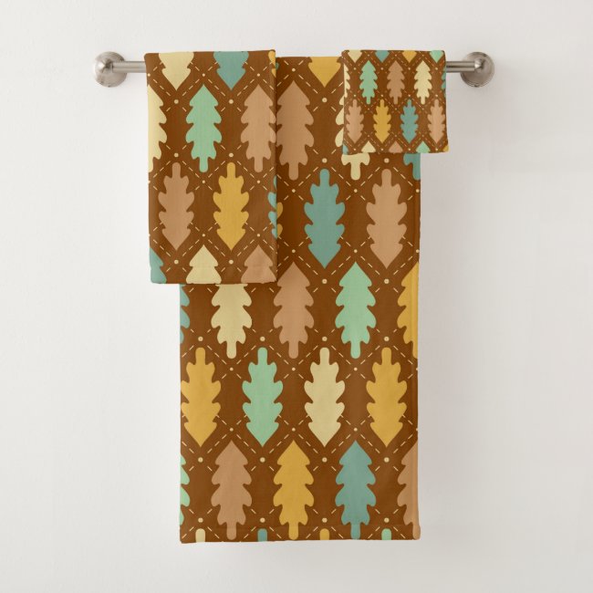 Brown and Teal Leaves Design Bath Towel Set