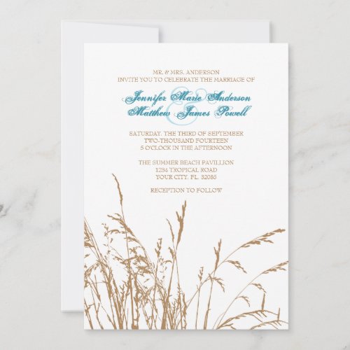 Brown and Teal Sea Grass Beach Wedding Invitation