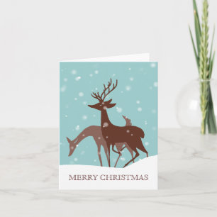 Brown and Teal Winter Deer in Snow Christmas Holiday Card