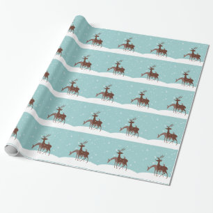 Brown and Teal Winter Deer in Snow Wrapping Paper