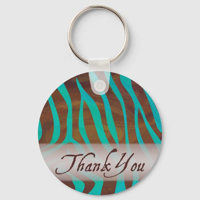 Brown and Teal Zebra Pattern Thank You Keychain (Front)