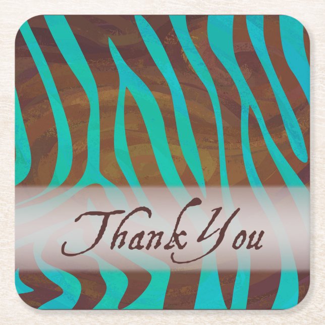 Brown and Teal Zebra Pattern Thank You Square Paper Coaster (Front)